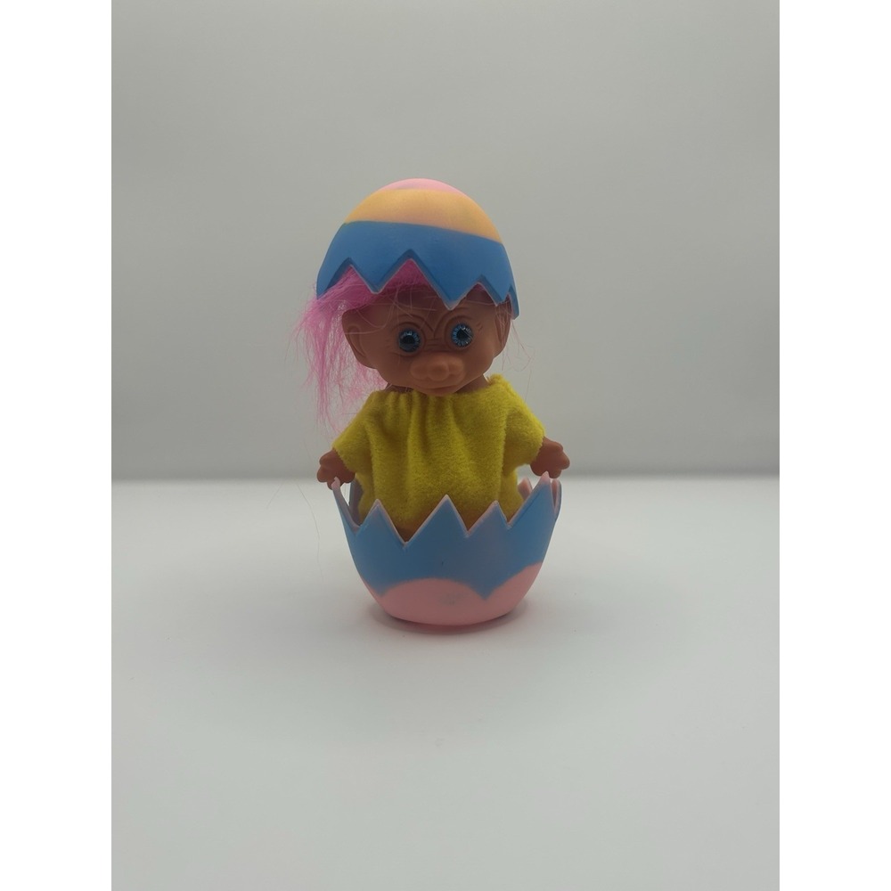 Vintage 1990s Troll Chick Cracked Easter Egg Doll Pink Hair Blue Eyes - 5"